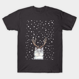 Cat with stag horns under the snowflakes T-Shirt